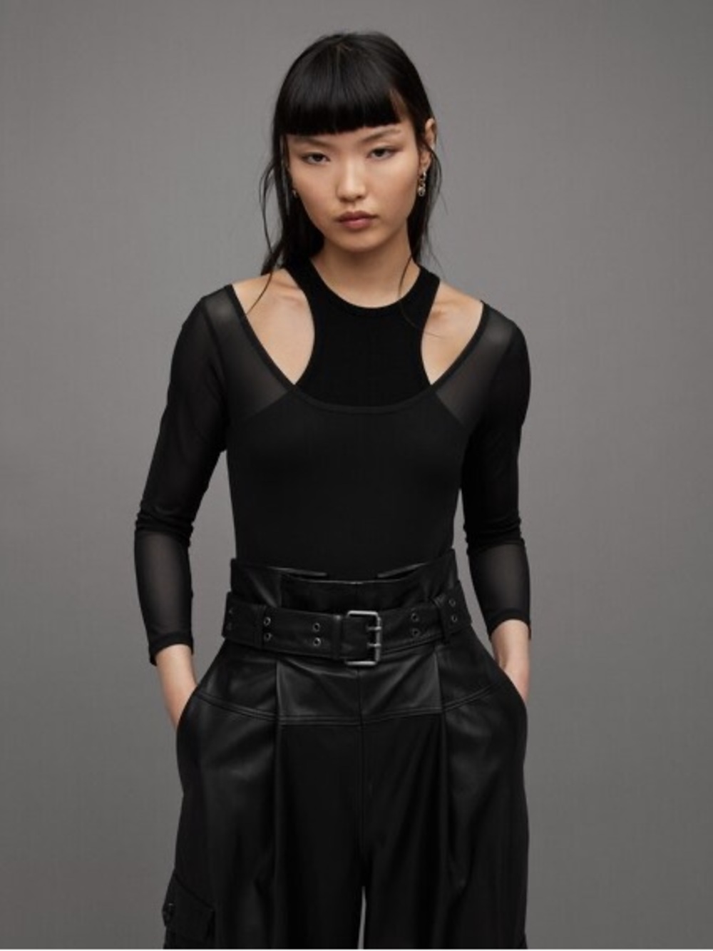 NWOT AllSaints Black Mesh-Inset Long Sleeve Top